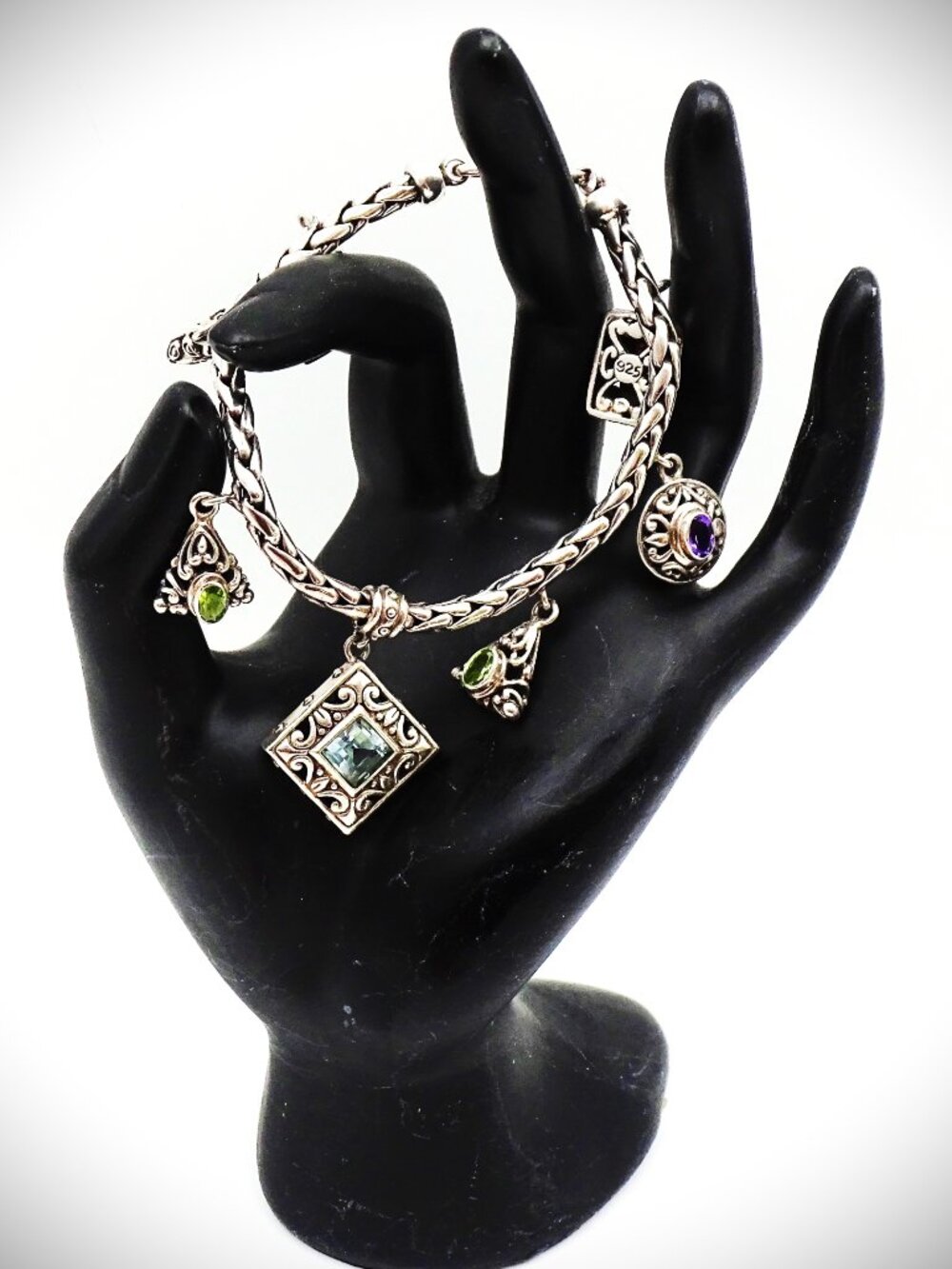VINTAGE Sterling Silver Topaz Peridot Garnet Amethyst Charms Bracelet - Picture 15 of 15
